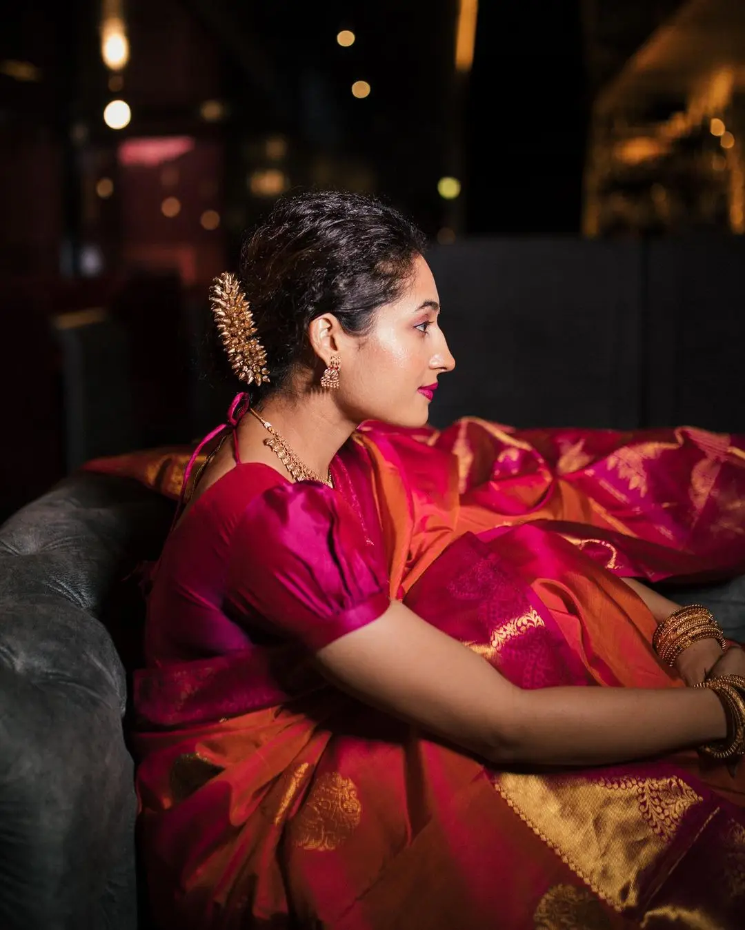 Pooja Ramachandran Stills in Red Saree Blouse